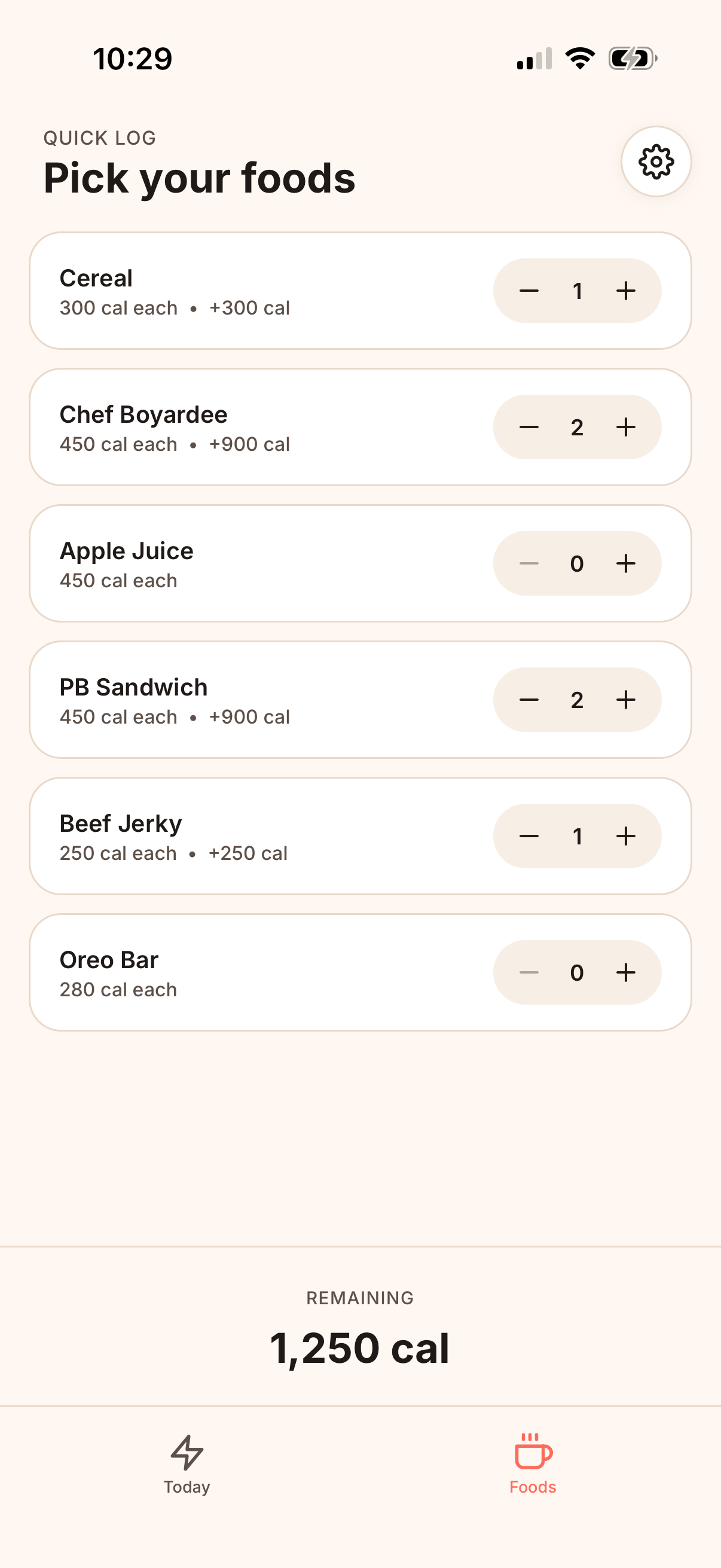 Savori — Quick Foods logging view